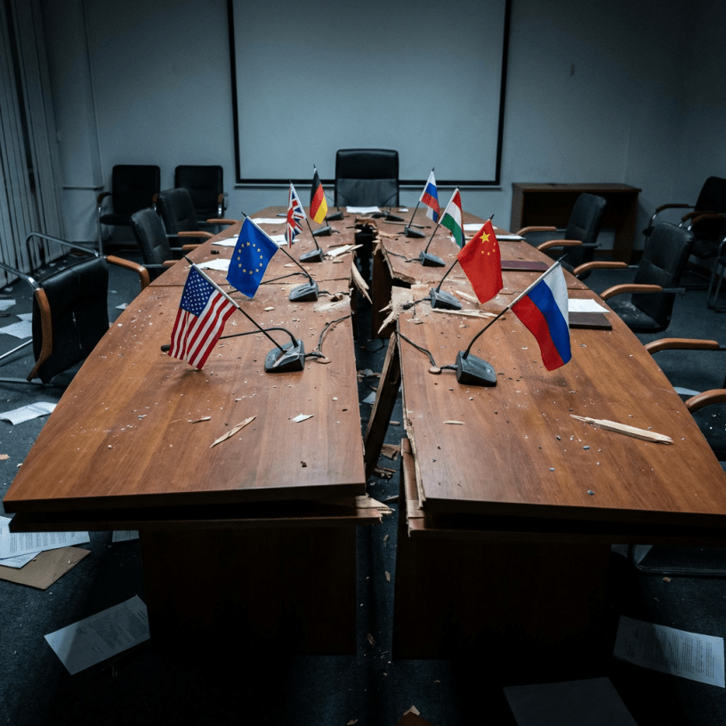 Broken conference table with national flags, symbolizing fractured international relations and failed diplomacy.